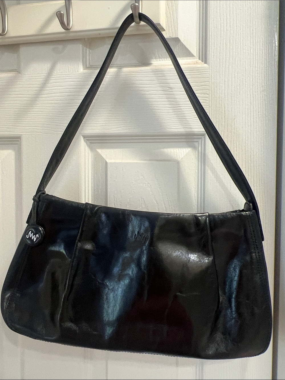 Vintage Monsac Black leather Shoulder Bag with Logo Charm